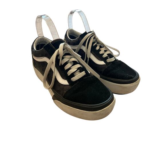 Vans Old Skool Stacked Black Satin Platform Shoes Flower Design Size 7.5 WOMENS - Picture 1 of 8